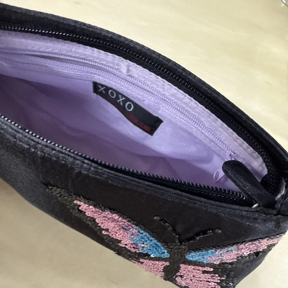 HANDBAG‎ Y2K BLACK XOXO EVENING PINK BLUE SEQUIN BUTTERFLY INSIDE POCKET ZIP TOP